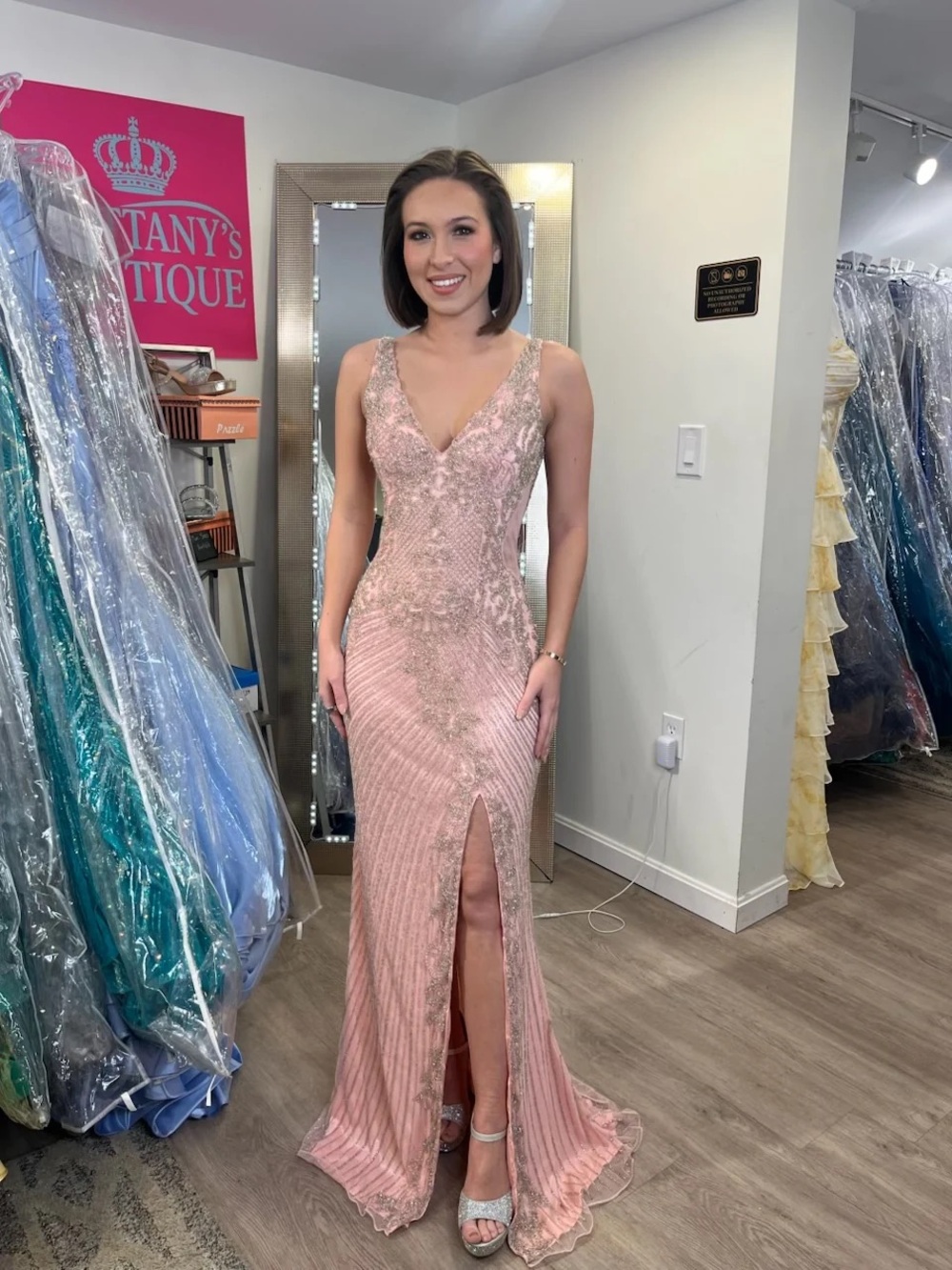 Primavera Couture Rose Beaded V-Neck Prom Gown